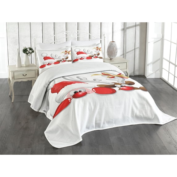 Ambesonne Christmas Quilted Bedspread Set 2 Pcs, Funny Santa Reindeer, Twin Size, Vermilion Caramel White