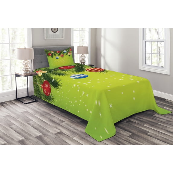 Ambesonne Christmas Quilted Bedspread Set 2 Pcs, Hanging Ornaments, Twin Size, Multicolor