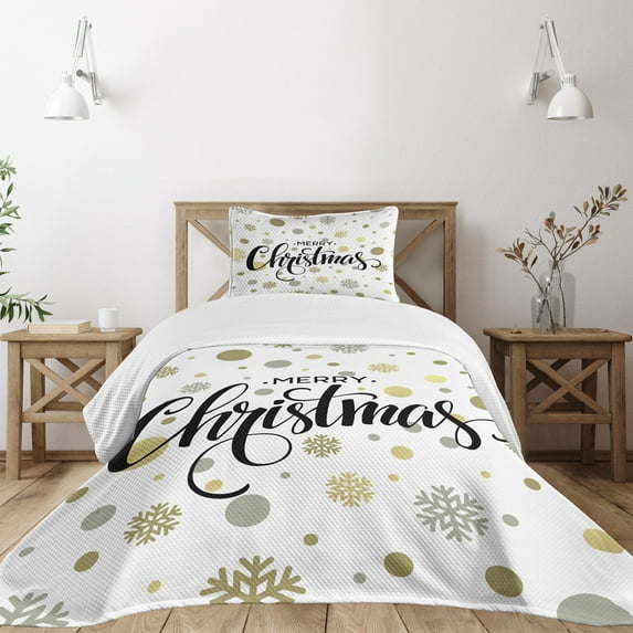 Ambesonne Christmas Quilted Bedspread Set 2 Pcs, Merry Xmas Snowflake, Twin Size, Multicolor