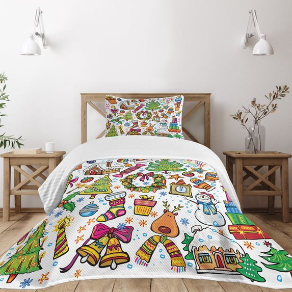 Ambesonne Christmas Quilted Bedspread Set 2 Pcs, New Year Candies, Twin Size, Multicolor