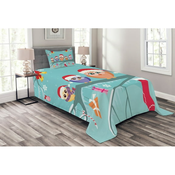 Ambesonne Christmas Quilted Bedspread Set 2 Pcs, Owl Family Tree, Twin Size, Multicolor