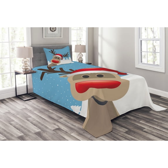 Ambesonne Christmas Quilted Bedspread Set 2 Pcs, Reindeer Rudolph Hat, Twin Size, Pale Blue Red Pale Brown