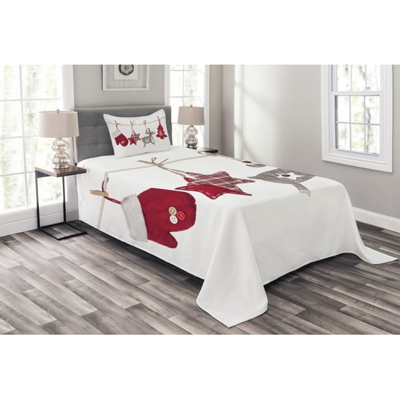 Ambesonne Christmas Quilted Bedspread Set 2 Pcs, Retro Items on, Twin Size, Red Cream Tan