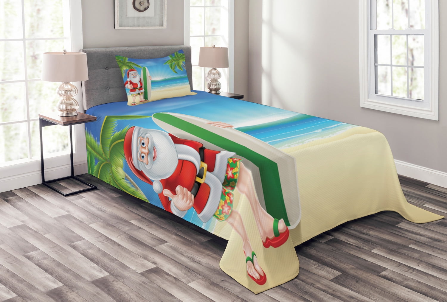 Santa Surfboard Twin Quilted Bedspread Set in White