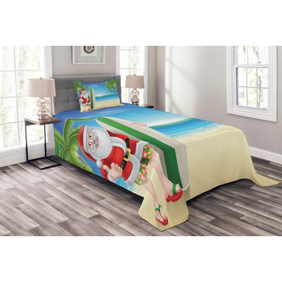 Ambesonne Christmas Quilted Bedspread Set 2 Pcs, Santa with Surfboard, Twin Size, Blue Green
