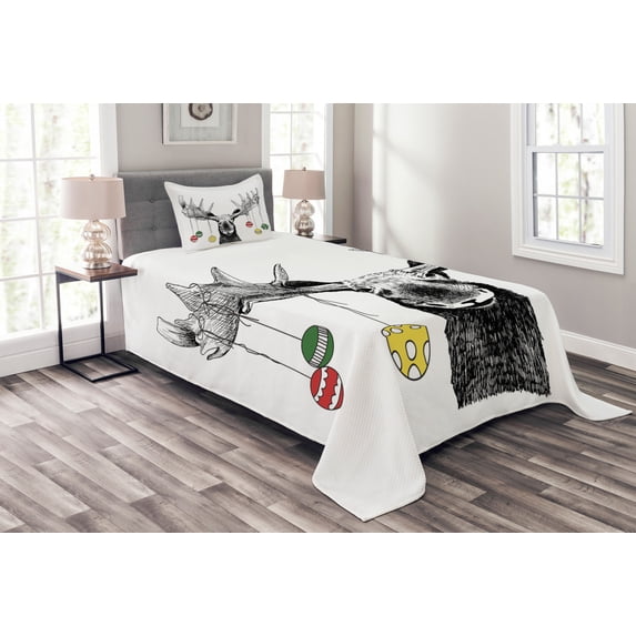 Ambesonne Christmas Quilted Bedspread Set 2 Pcs, Sketchy Noel Ornament, Twin Size, Multicolor