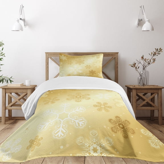 Ambesonne Christmas Quilted Bedspread Set 2 Pcs, Snowflakes Noel Yule, Twin Size, Sand Brown White