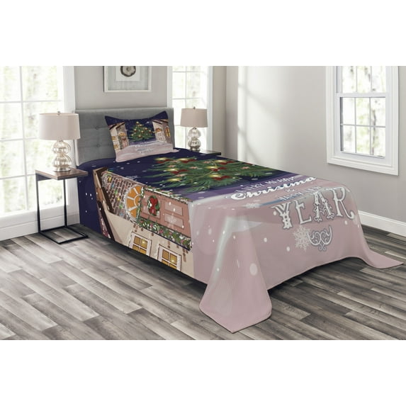 Ambesonne Christmas Quilted Bedspread Set 2 Pcs, Snowy Streets Carol, Twin Size, Multicolor