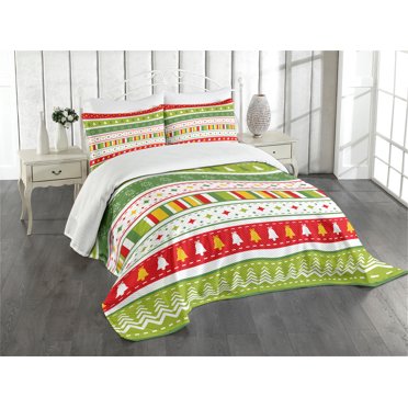 Ambesonne Christmas Quilted Bedspread Set 2 Pcs, Traditional Borders, Twin Size, Lime Green Yellow Red