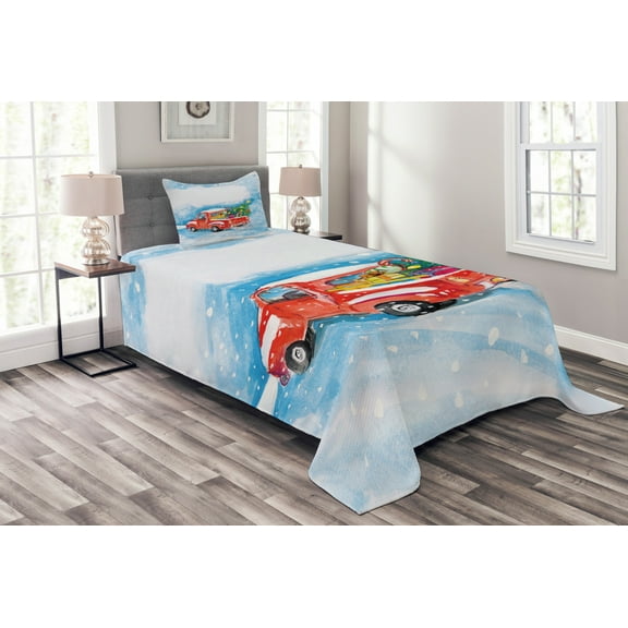 Ambesonne Christmas Quilted Bedspread Set 2 Pcs, Truck Winter Scenery, Twin Size, Blue White Red
