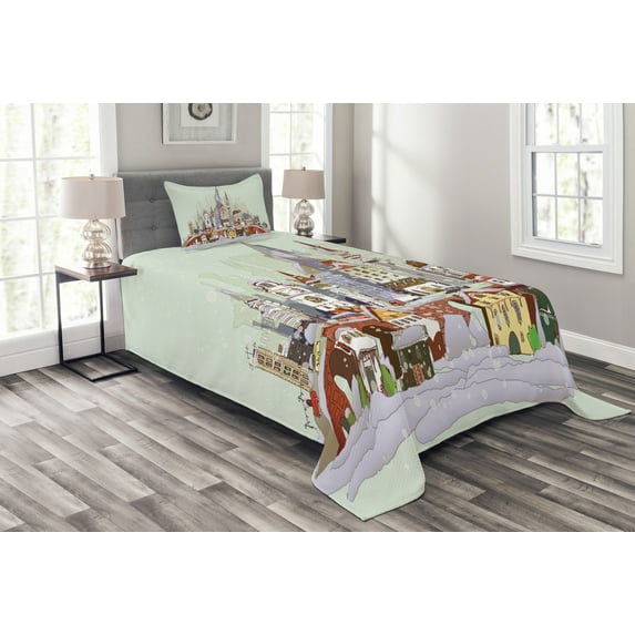 Ambesonne Christmas Quilted Bedspread Set 2 Pcs, Xmas City Holiday, Twin Size, Pale Green Lavender