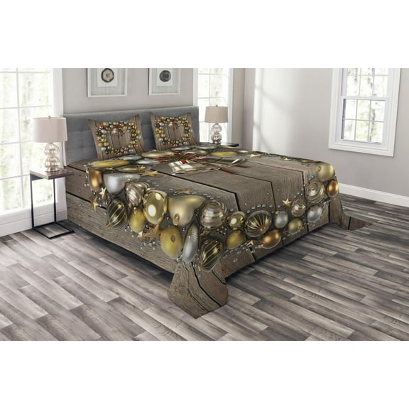 Ambesonne Christmas Quilted Bedspread Set 3 Pcs, Baubles on Rustic Wood, Queen Size, Multicolor