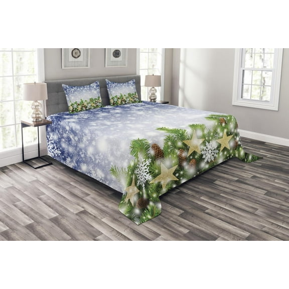 Ambesonne Christmas Quilted Bedspread Set 3 Pcs, Bokeh Snowflakes, King Size, Multicolor