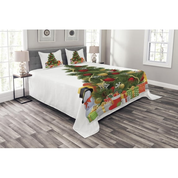 Ambesonne Christmas Quilted Bedspread Set 3 Pcs, Christmas Tree Style, Queen Size, Red Green Yellow