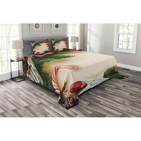 Ambesonne Christmas Quilted Bedspread Set 3 Pcs, Cinnamon Candy Cane, Queen Size, Multicolor