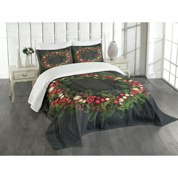 Ambesonne Christmas Quilted Bedspread Set 3 Pcs, Fir Xmas Wreath, King Size, Multicolor