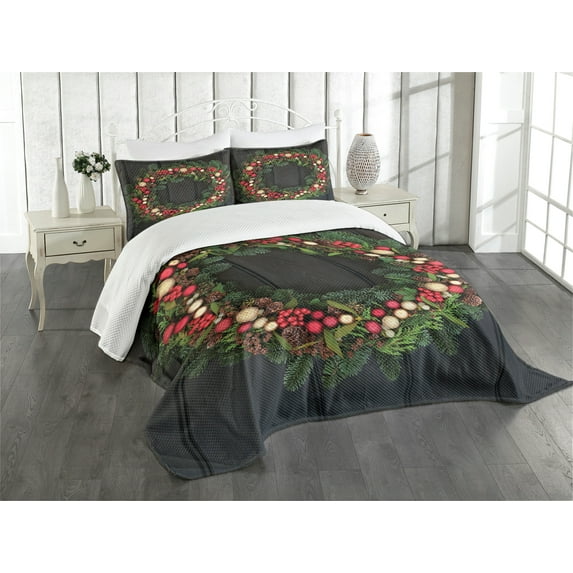 Ambesonne Christmas Quilted Bedspread Set 3 Pcs, Fir Xmas Wreath, Queen Size, Multicolor