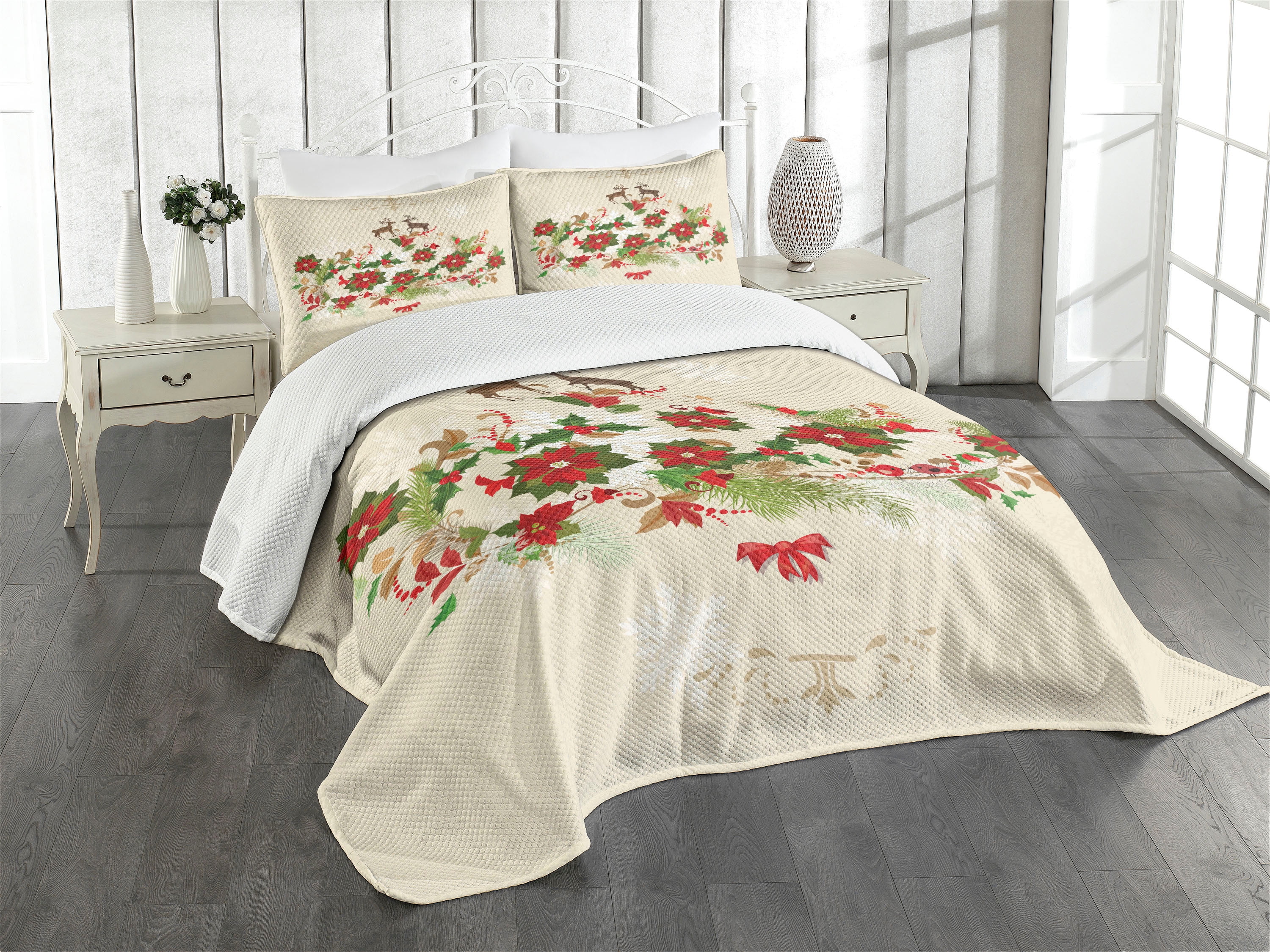 White Quilted Queen Bedspread Set with Floral Design