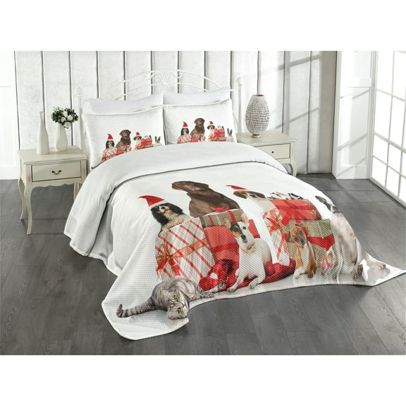 Ambesonne Christmas Quilted Bedspread Set 3 Pcs, Funny Pets Gifts Photo, Queen Size, White Brown and Red