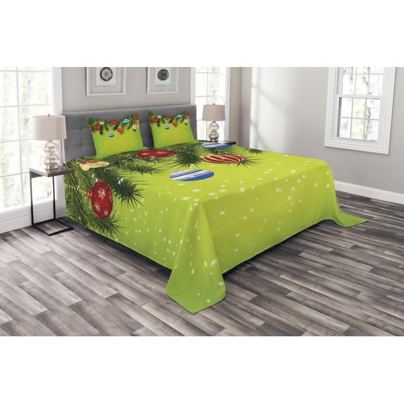 Ambesonne Christmas Quilted Bedspread Set 3 Pcs, Hanging Ornaments, King Size, Multicolor