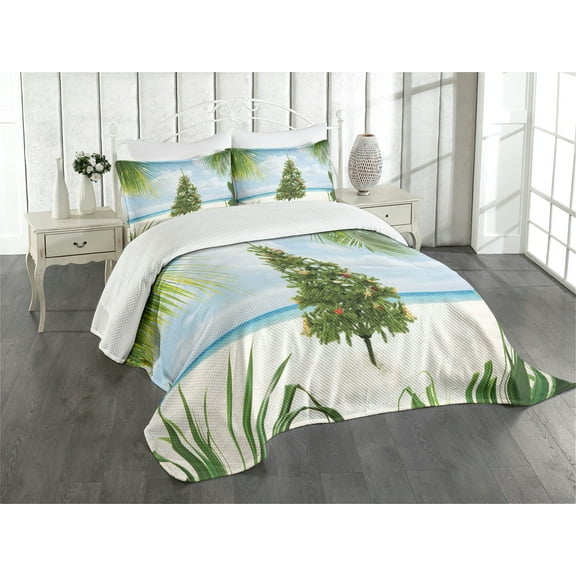 Ambesonne Christmas Quilted Bedspread Set 3 Pcs, Holiday Party Tree, Queen Size, Green Blue Cream