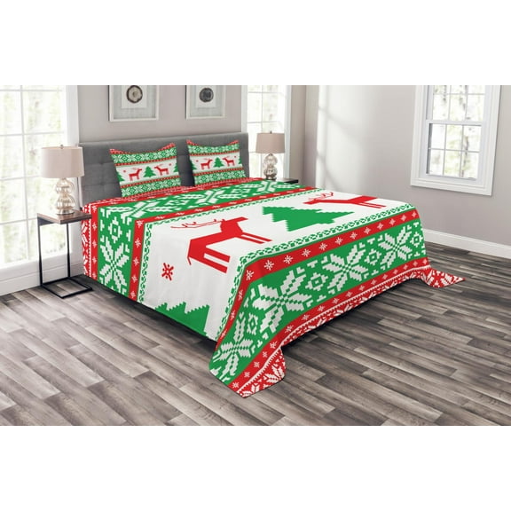 Ambesonne Christmas Quilted Bedspread Set 3 Pcs, Holiday Season Deer, Queen Size, Red Green White