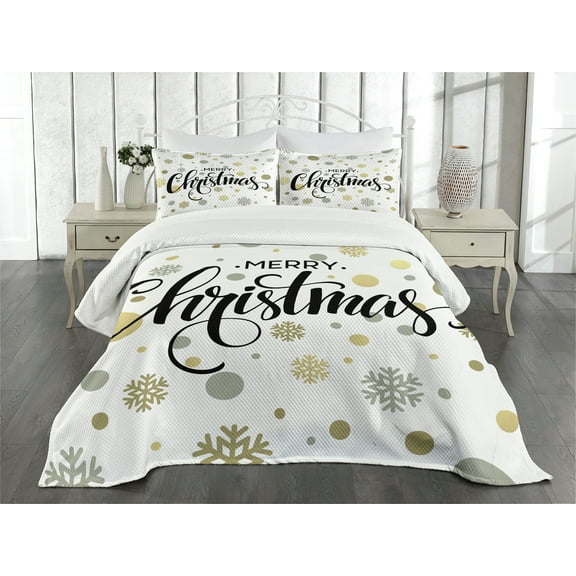Ambesonne Christmas Quilted Bedspread Set 3 Pcs, Merry Xmas Snowflake, Queen Size, Multicolor