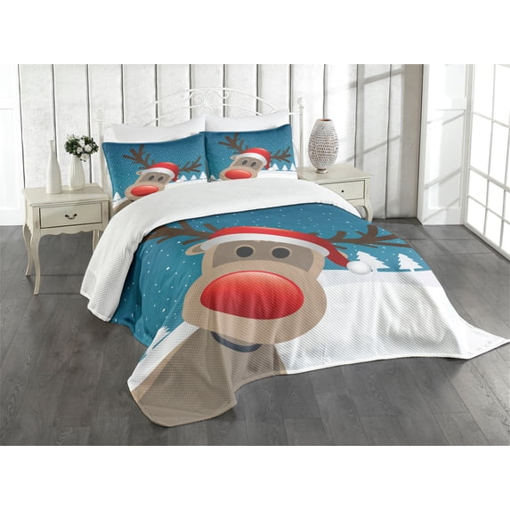 Ambesonne Christmas Quilted Bedspread Set 3 Pcs, Noel Fun Cartoon, Queen Size, Red Brown Navy