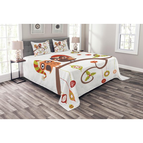 Ambesonne Christmas Quilted Bedspread Set 3 Pcs, Noel Owls Folkloric, Queen Size, Multicolor