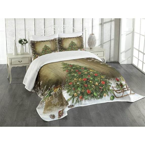 Ambesonne Christmas Quilted Bedspread Set 3 Pcs, Pine Tree Presents, Queen Size, Multicolor