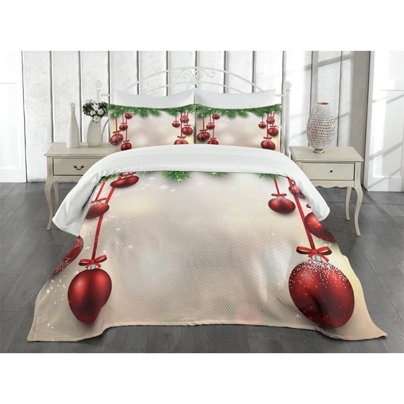 Ambesonne Christmas Quilted Bedspread Set 3 Pcs, Red Balls Ribbons, King Size, Green and Red