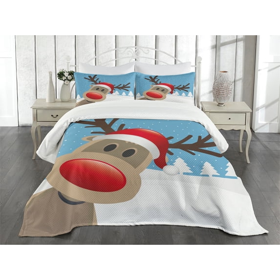 Ambesonne Christmas Quilted Bedspread Set 3 Pcs, Reindeer Rudolph Hat, King Size, Pale Blue Red Pale Brown