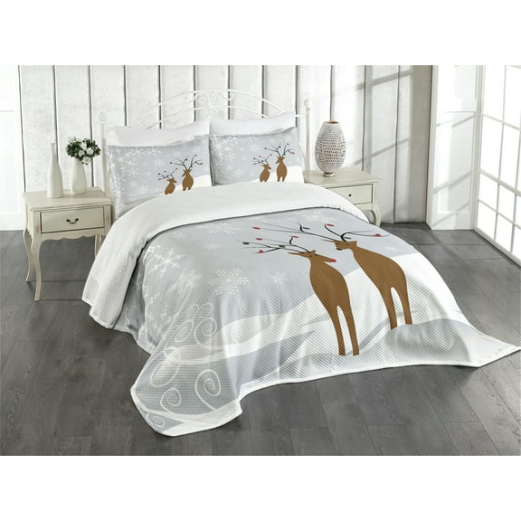 Ambesonne Christmas Quilted Bedspread Set 3 Pcs, Reindeers Noel, King Size, Brown Pale Grey White