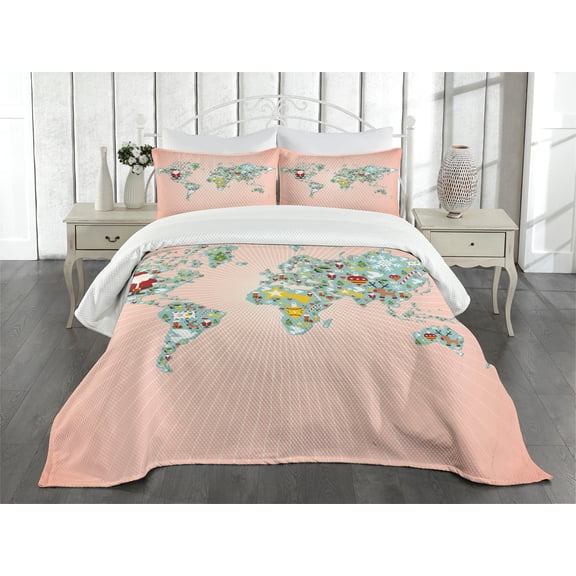 Ambesonne Christmas Quilted Bedspread Set 3 Pcs, Reindeers Santa Snow, King Size, Multicolor