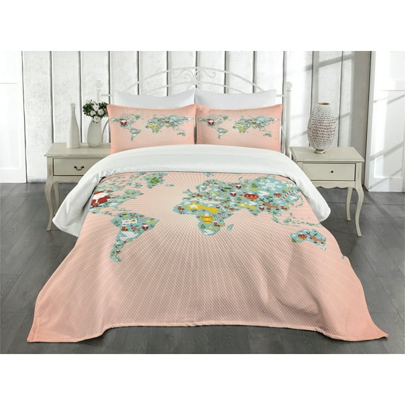 Ambesonne Christmas Quilted Bedspread Set 3 Pcs, Reindeers Santa Snow, King Size, Multicolor