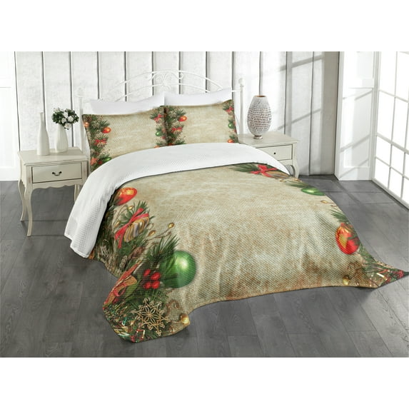 Ambesonne Christmas Quilted Bedspread Set 3 Pcs, Retro Frame Old Days, Queen Size, Multicolor