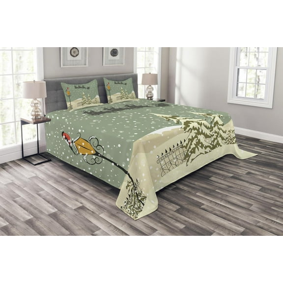 Ambesonne Christmas Quilted Bedspread Set 3 Pcs, Santa Claus Reindeer, King Size, Beige Green White