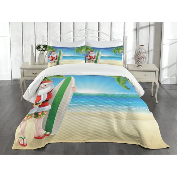 Ambesonne Christmas Quilted Bedspread Set 3 Pcs, Santa with Surfboard, King Size, Blue Green