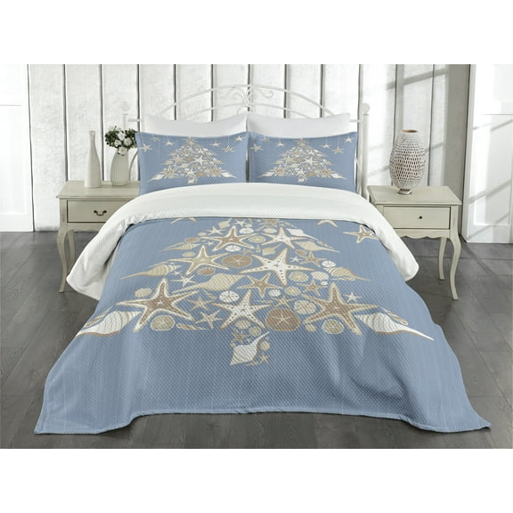 Ambesonne Christmas Quilted Bedspread Set 3 Pcs, Sea Life Theme Marine, Queen Size, Beige Cream
