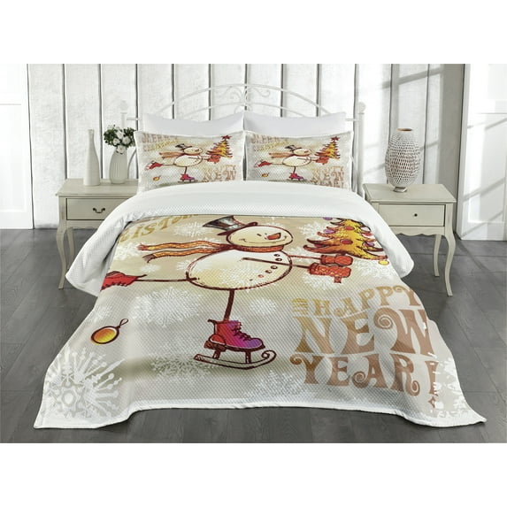 Ambesonne Christmas Quilted Bedspread Set 3 Pcs, Skating Happy Snowman, Queen Size, Multicolor
