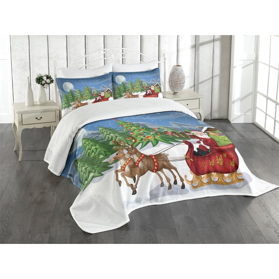 Ambesonne Christmas Quilted Bedspread Set 3 Pcs, Snowdrift Reindeers, Queen Size, Multicolor