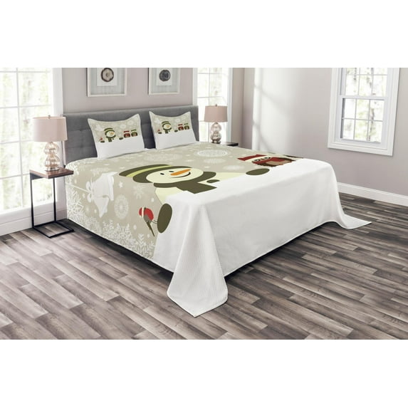 Ambesonne Christmas Quilted Bedspread Set 3 Pcs, Snowflake Winter Day, Queen Size, Multicolor