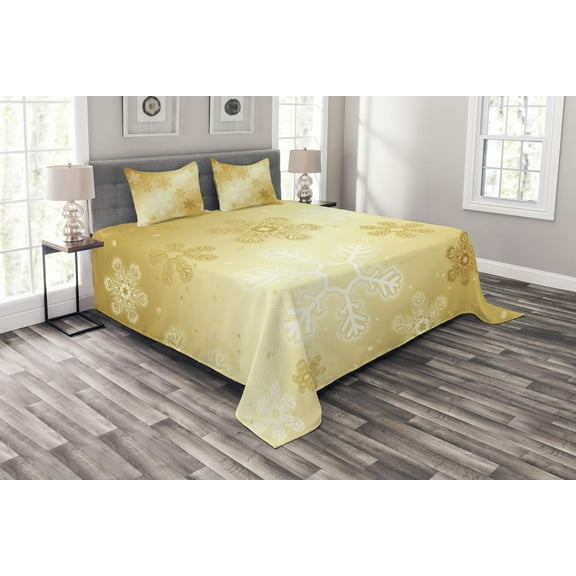 Ambesonne Christmas Quilted Bedspread Set 3 Pcs, Snowflakes Noel Yule, King Size, Sand Brown White