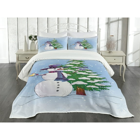 Ambesonne Christmas Quilted Bedspread Set 3 Pcs, Snowman and Tree, King Size, Blue Green