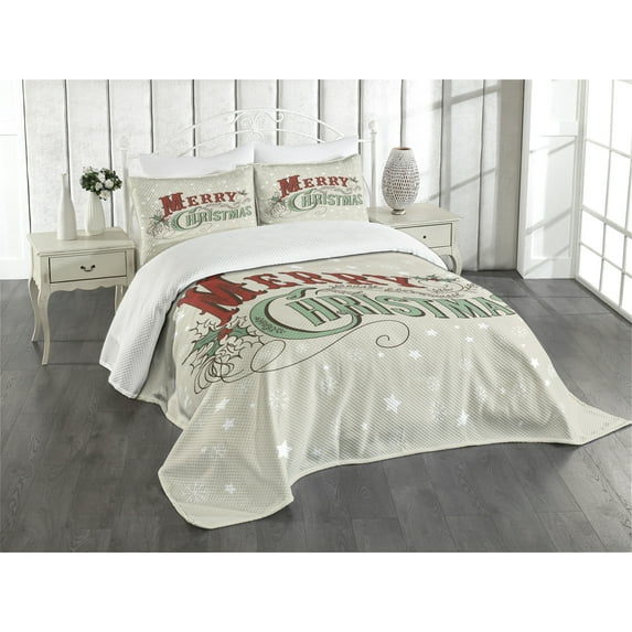 Ambesonne Christmas Quilted Bedspread Set 3 Pcs, Star Snowflake Retro, Queen Size, Eggshell Sea Green Ruby