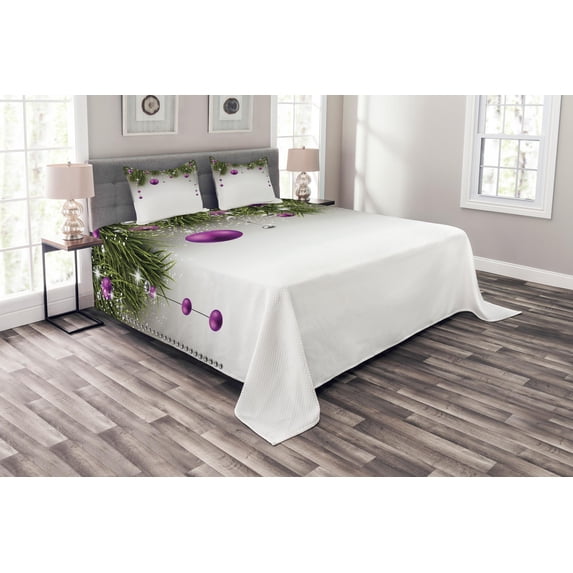 Ambesonne Christmas Quilted Bedspread Set 3 Pcs, Tree, Queen Size, Purple Grey Green