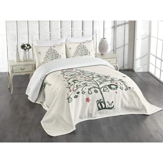 Ambesonne Christmas Quilted Bedspread Set 3 Pcs, Tree and Fairies, Queen Size, Red and Green