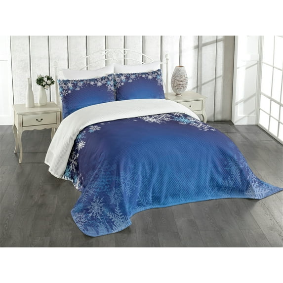 Ambesonne Christmas Quilted Bedspread Set 3 Pcs, Various Snowflakes, King Size, Pale Blue Navy Blue
