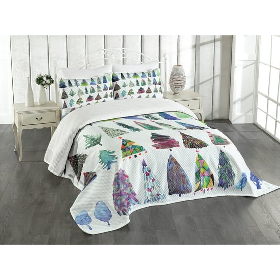 Ambesonne Christmas Quilted Bedspread Set 3 Pcs, Watercolor Fir Trees, King Size, Multicolor