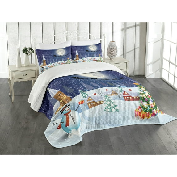 Ambesonne Christmas Quilted Bedspread Set 3 Pcs, Winter Landscape, Queen Size, White Blue